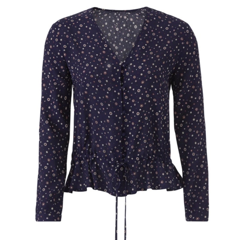 Rails Navy Blue Floral Button Down Blouse Drawstring Waist Top Sz S